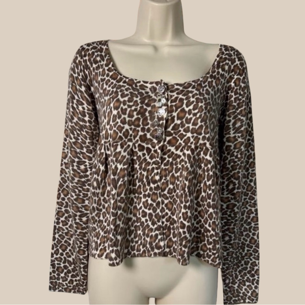 Delias Leopard Print Babydoll Cardigan With Embellished Buttons Size Small Delias Leopard Print Babydoll Cardigan With Embellished Buttons Size Small